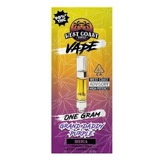 Grand Daddy Purple 1g indica vape cartridge by West Coast Treez